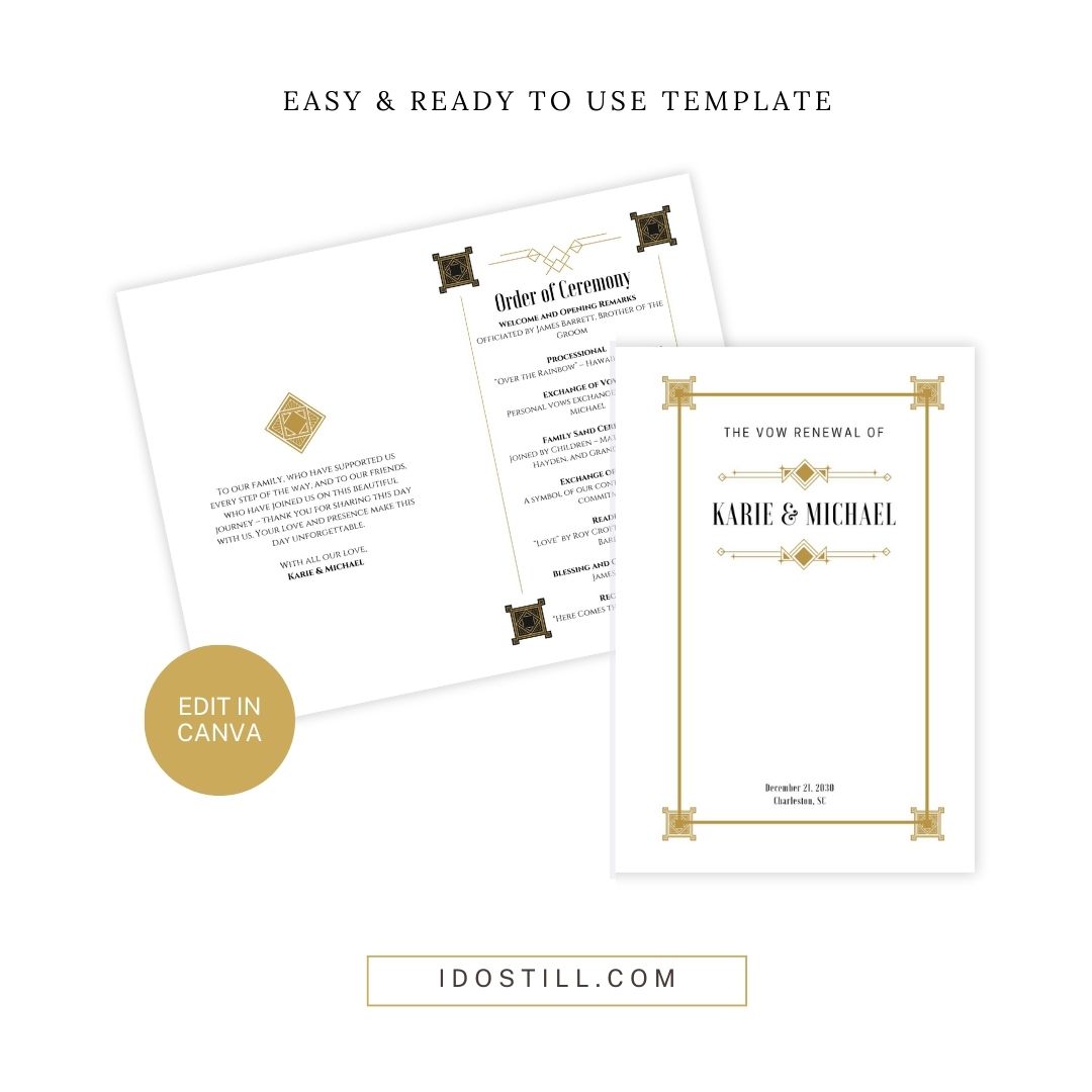Art Deco Vow Renewal Ceremony Program – Editable Canva Templates for a Stunning Celebration