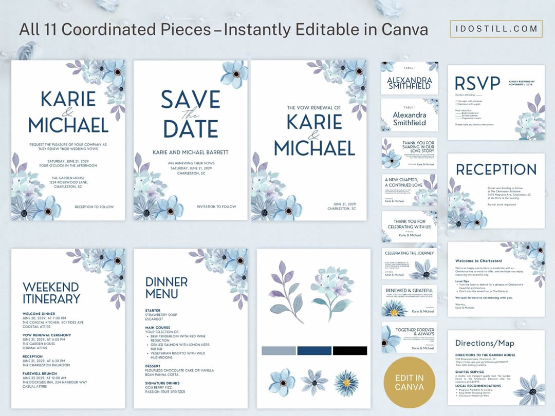 Blue Floral Watercolor Vow Renewal Invitation Complete Suite