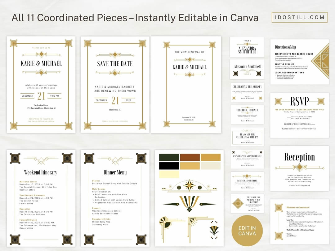 Art Deco Vow Renewal Complete Suite Overview – Editable Canva Templates for a Stunning Celebration