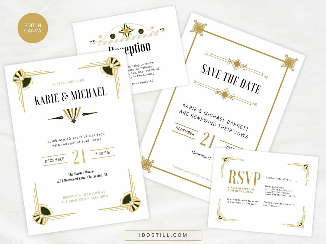 Black & Gold Art Deco Vow Renewal Invite Mini Suite