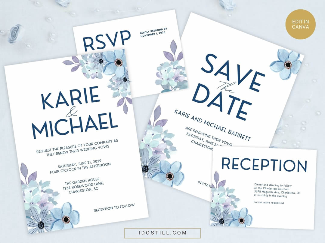 Blue Floral Watercolor Vow Renewal Invitation Mini Suite