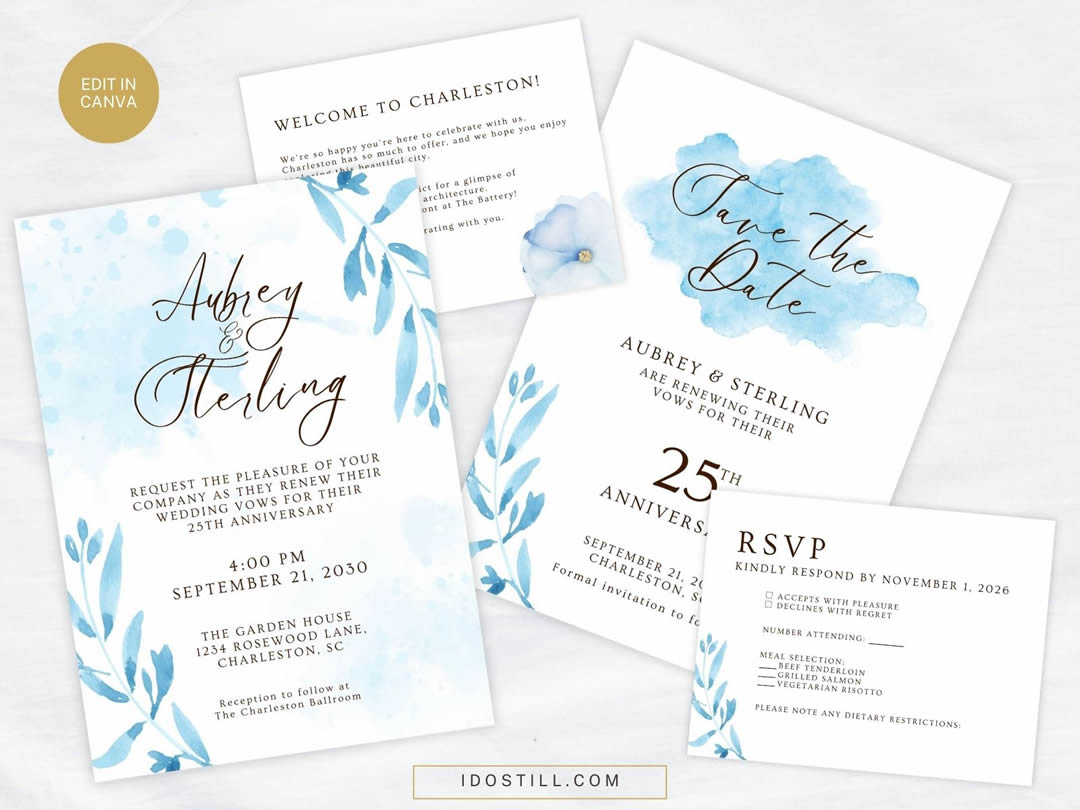 Blue Watercolor Floral Invite Mini Suite
