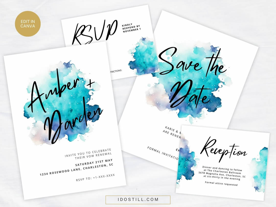 Blue Ink Vow Renewal Invitation Suite