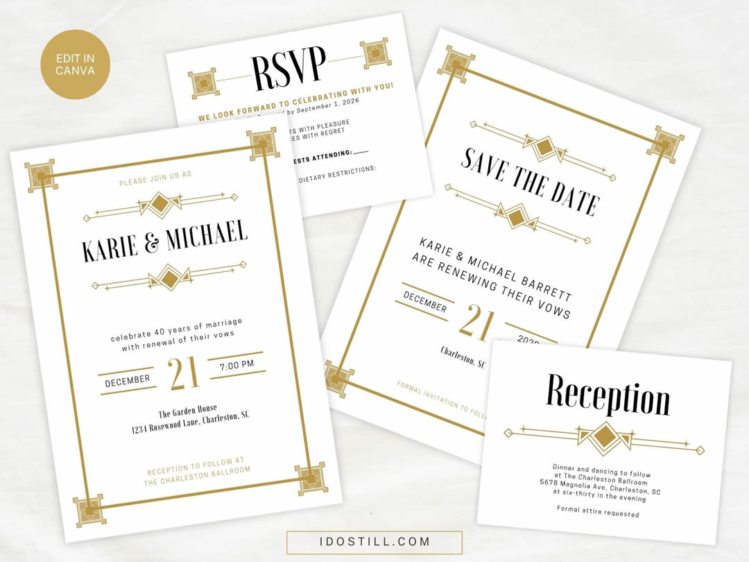 Art Deco Vow Renewal Invitation Suite – Editable Canva Templates for a Stunning Celebration
