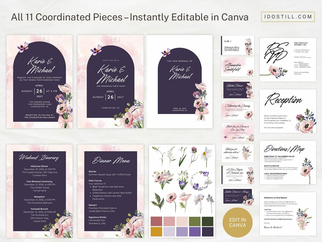 Pink Purple Watercolor Floral Vow Renewal Complete Suite