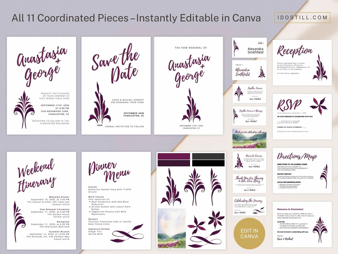Plum Watercolor Fleur Vow Renewal Complete Suite Overview