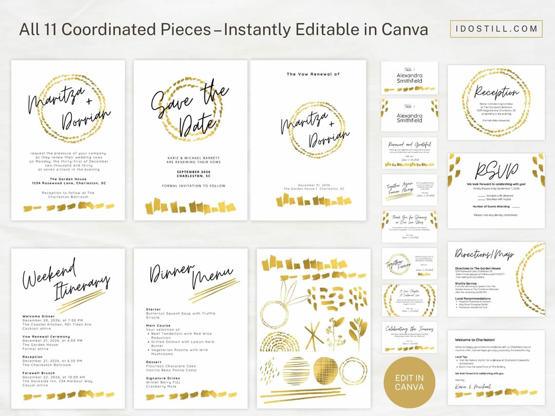 Casual Modern Gold Vow Renewal Compleete Suite Overview