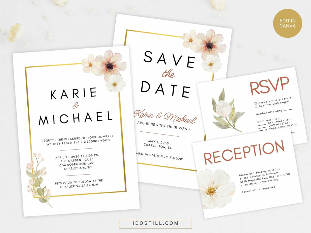 Peach & Gold Floral Vow Renewal Invitation Mini Suite