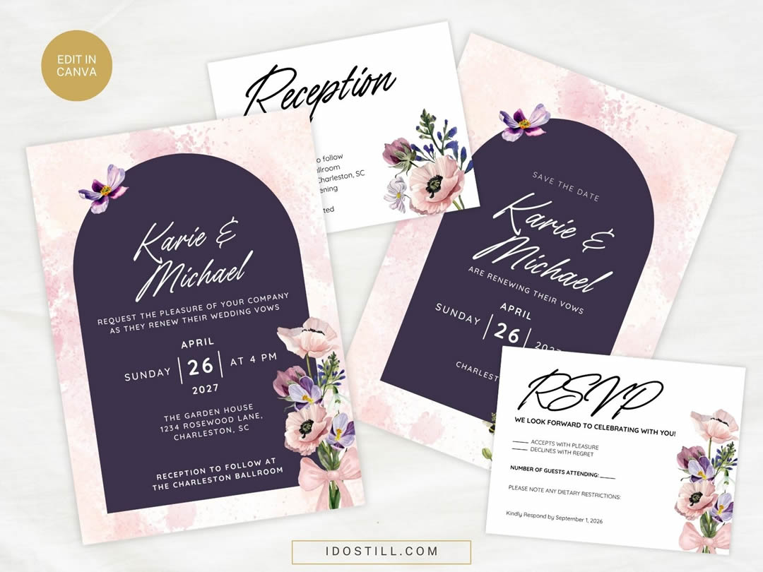 Pink Purple Watercolor Floral Vow Renewal Invite Mini Suite