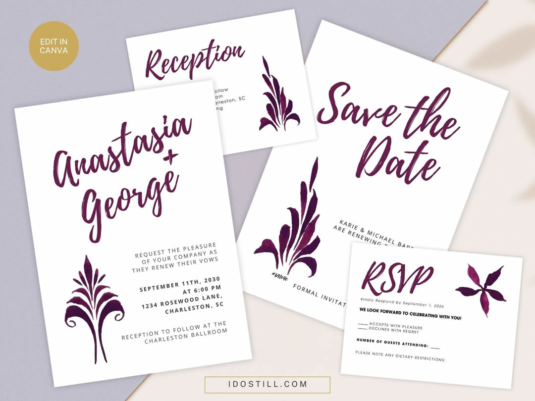 Plum Watercolor Fleur Vow Renewal Invitation Suite