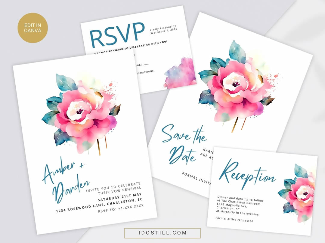 Watercolor Rose Vow Renewal Invitation Mini Suite